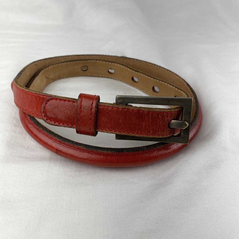 Johnny Farah Womens Skinny Belt M Medium Red Leather Brass Buckle‎
